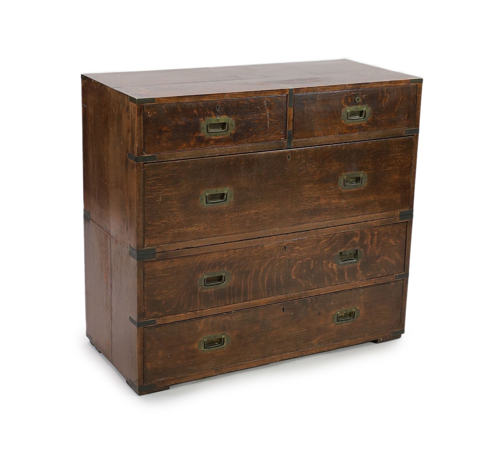 A late Victorian brass bound oak campaign chest, W.99cm D.45cm H.91cm